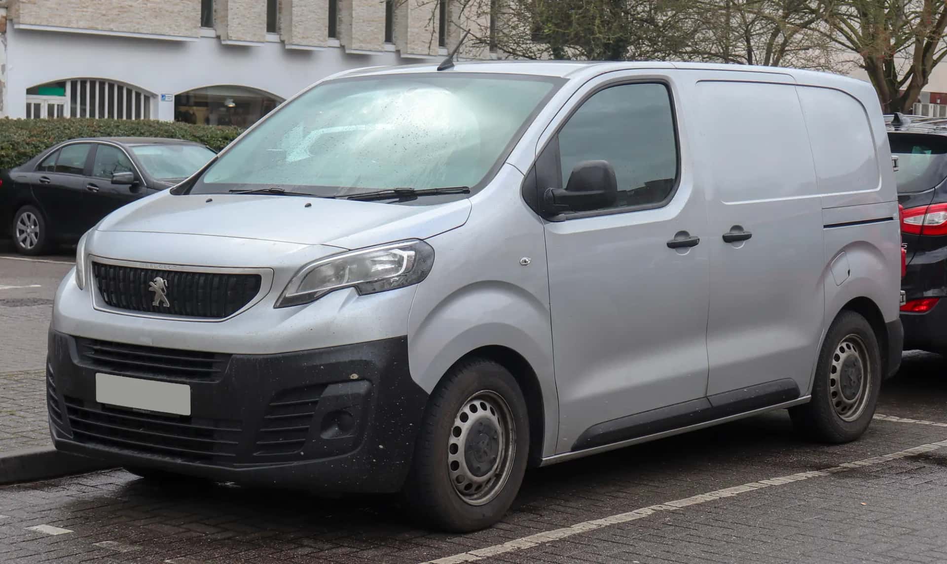 Fourgon utilitaire Peugeot Expert gris garé sur un parking, vu de trois quarts avant